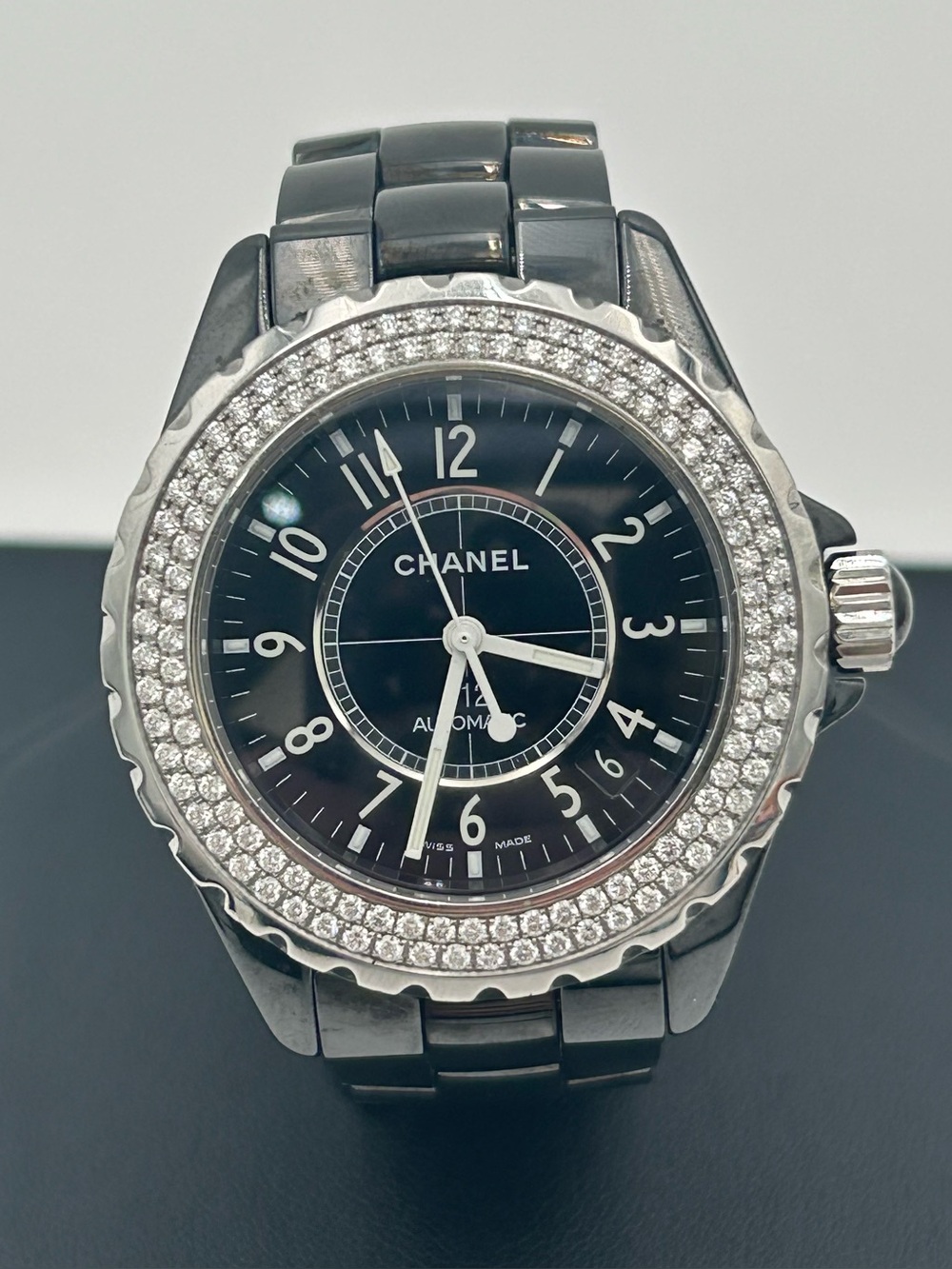CHANEL J12 Automatic Black Ceramic Watch with Diamond Bezel